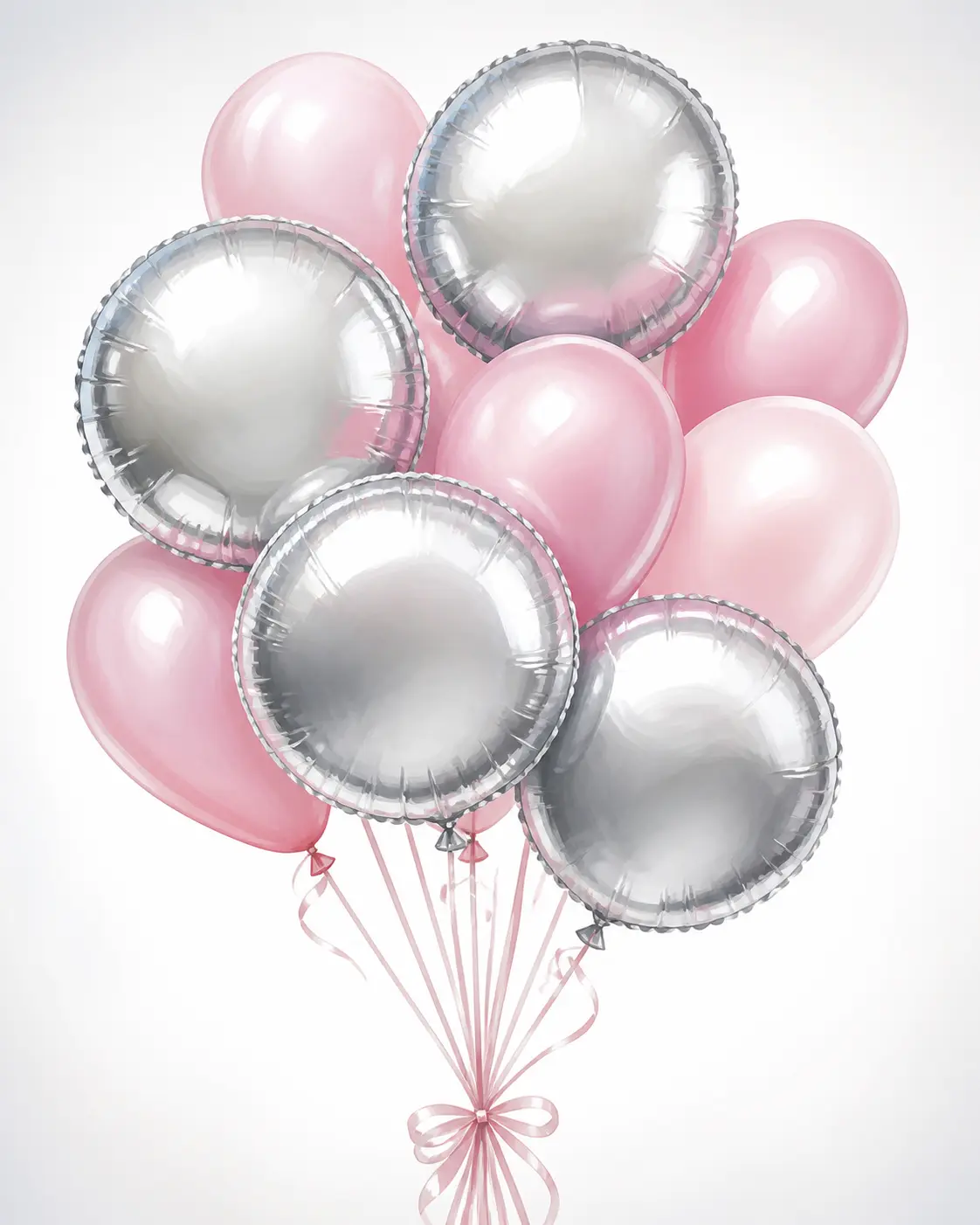 Illustration of silver and pink balloons floating against the white backdrop