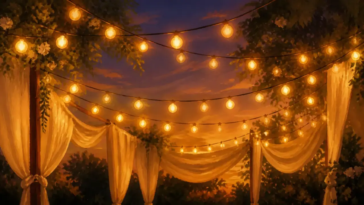 Illustration of warm string lights strung above a celebration set