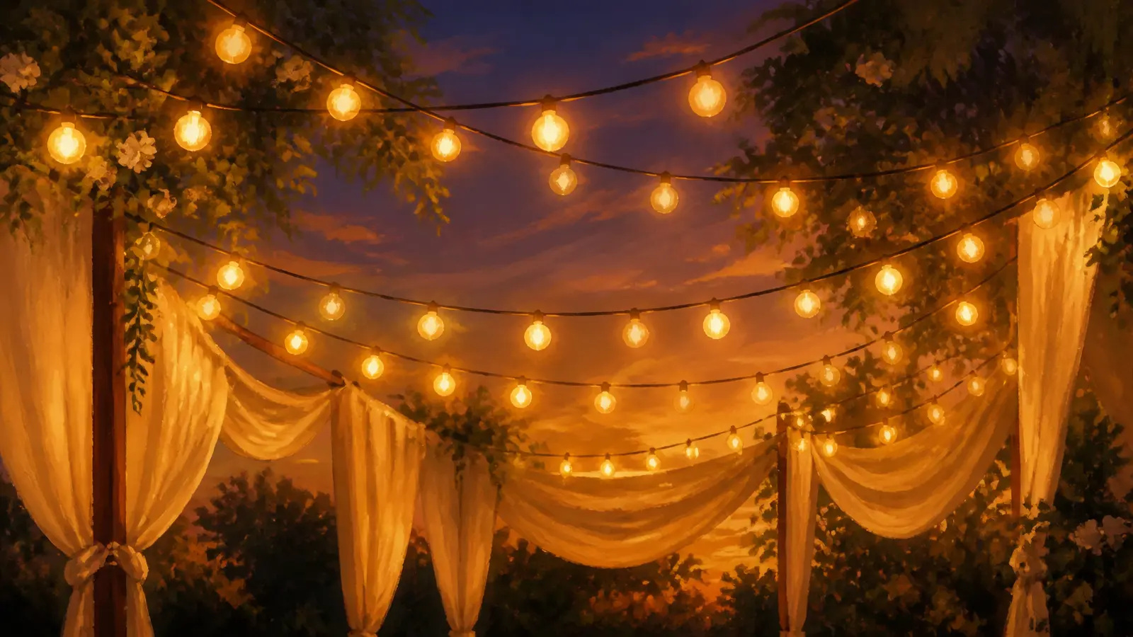 Illustration of warm string lights strung above a celebration set