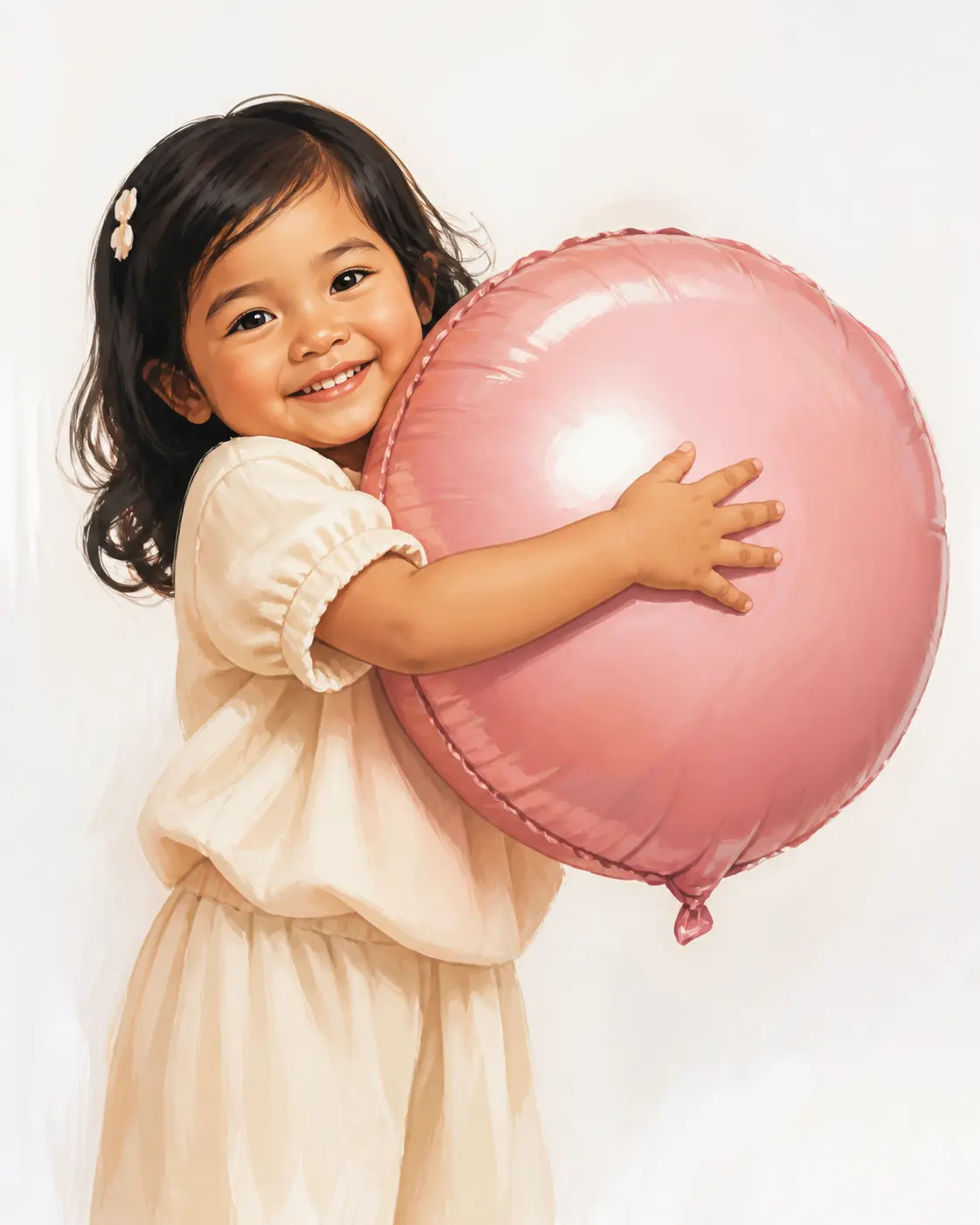 Illustration of a child hugging a giant pink balloon on the white set