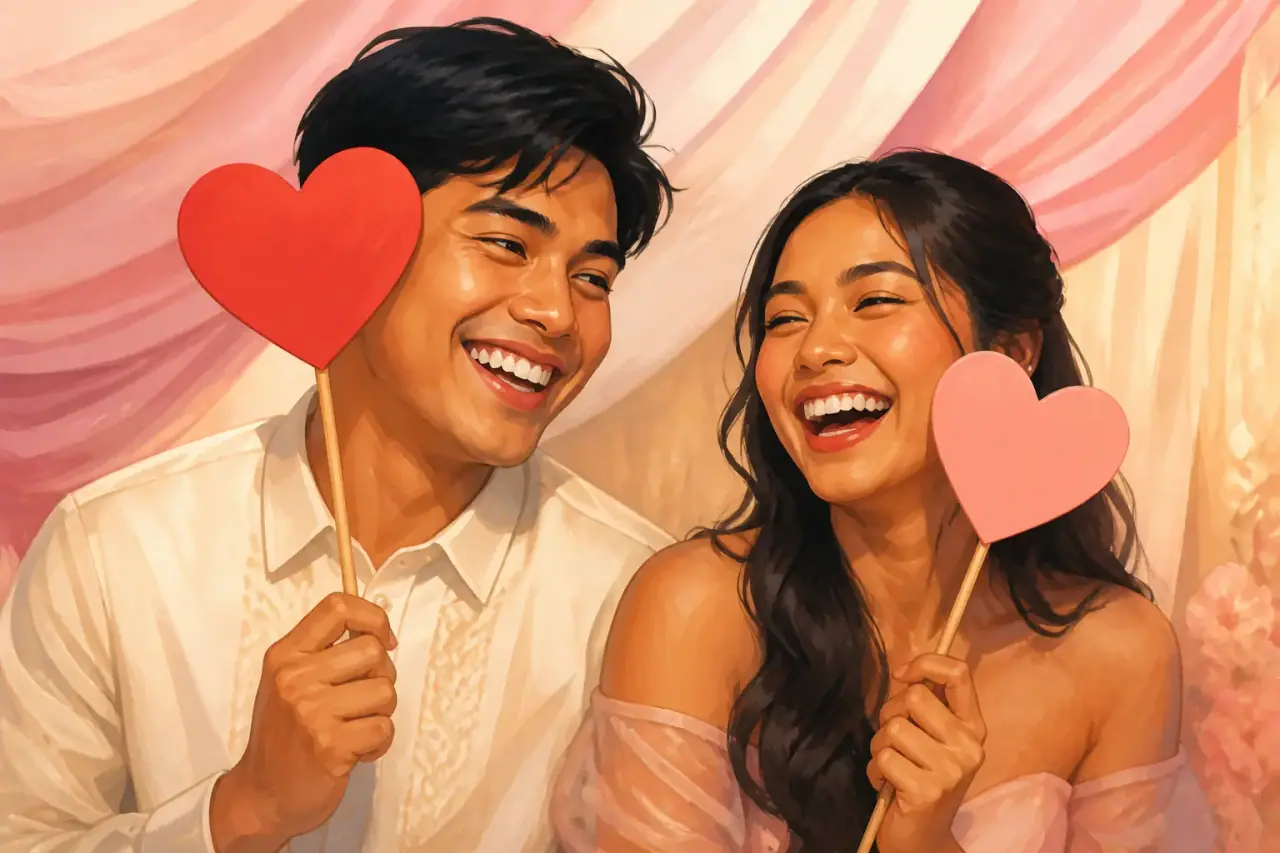 Illustration of two guests holding heart props on sticks in front of the booth backdrop