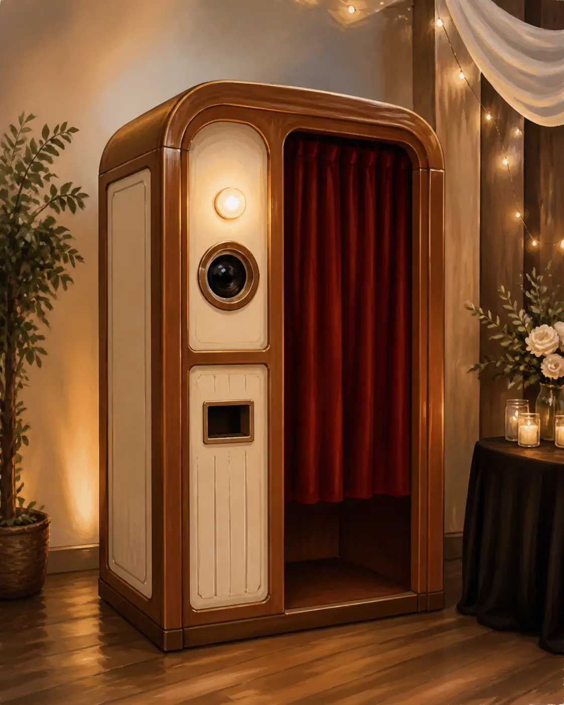 Illustration of the booth itself: a warm wooden cabinet with a red velvet curtain, ready for guests