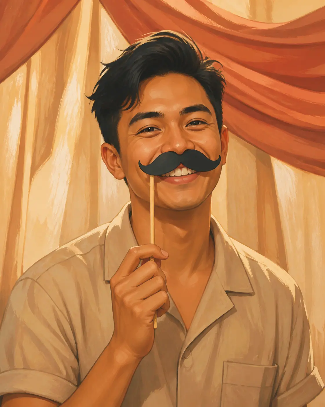 Illustration of a guest trying the mustache-on-a-stick prop at the walk-in booth