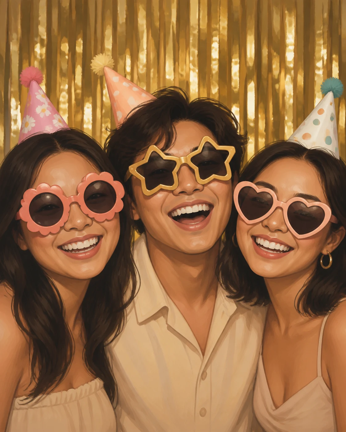 Illustration of guests in novelty sunglasses mid-pose at a gold-fringe booth setup