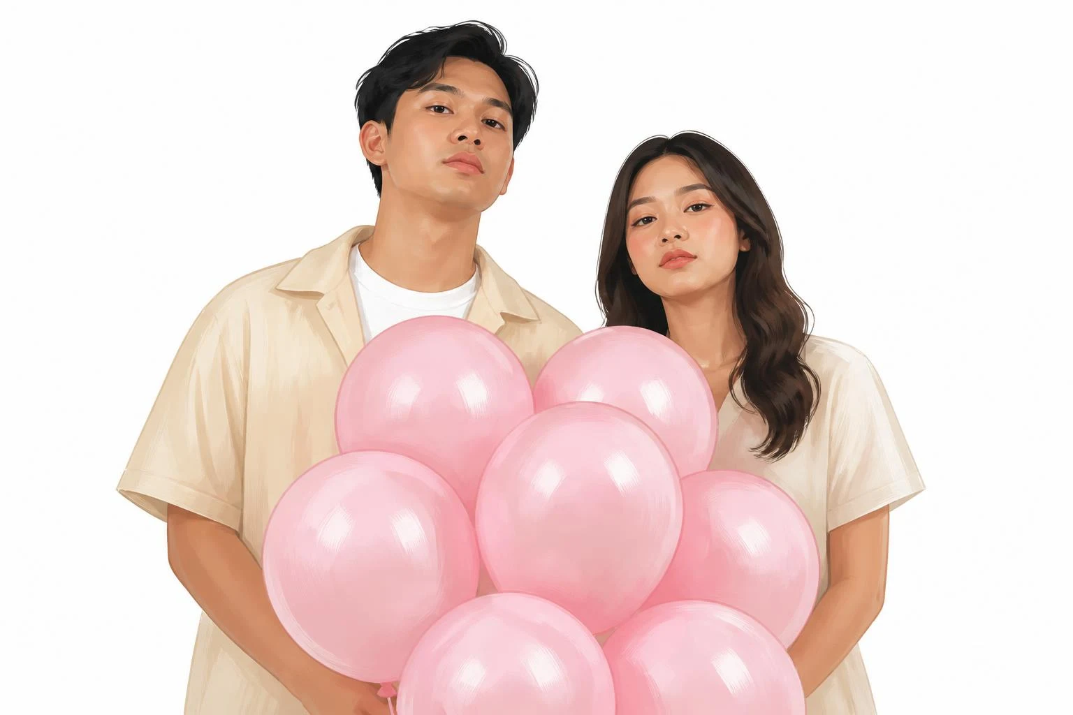 Illustration of a pair keeping straight faces behind pink balloons on the white set