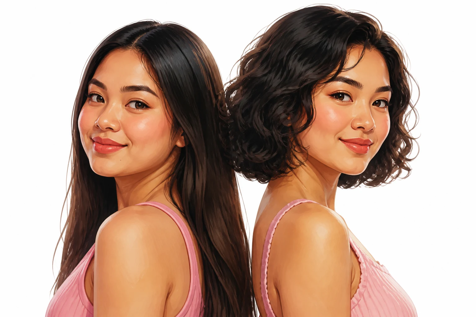 Illustration of a duo in pink outfits back to back against the white backdrop