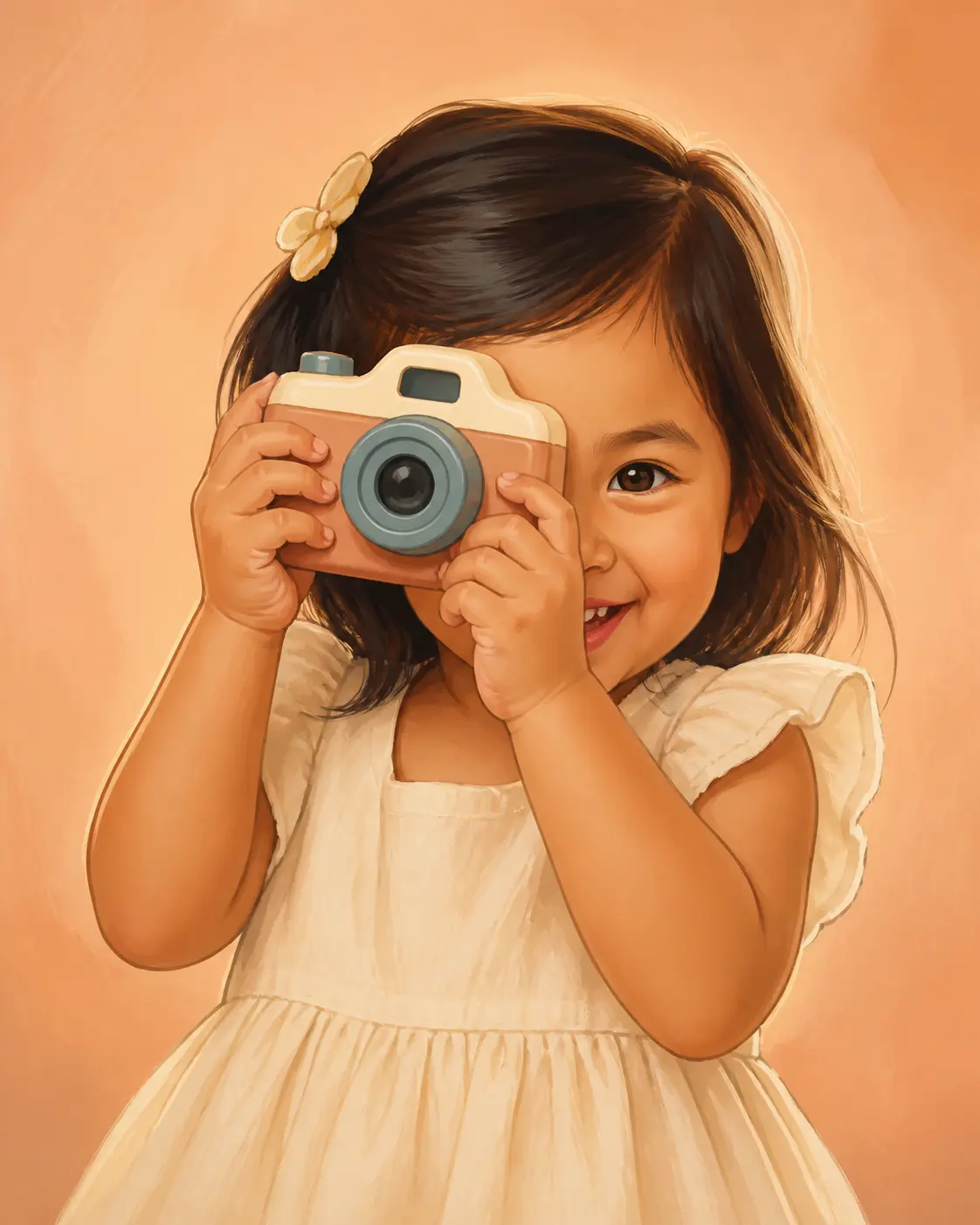 Illustration of a toddler holding a toy camera up to her eye