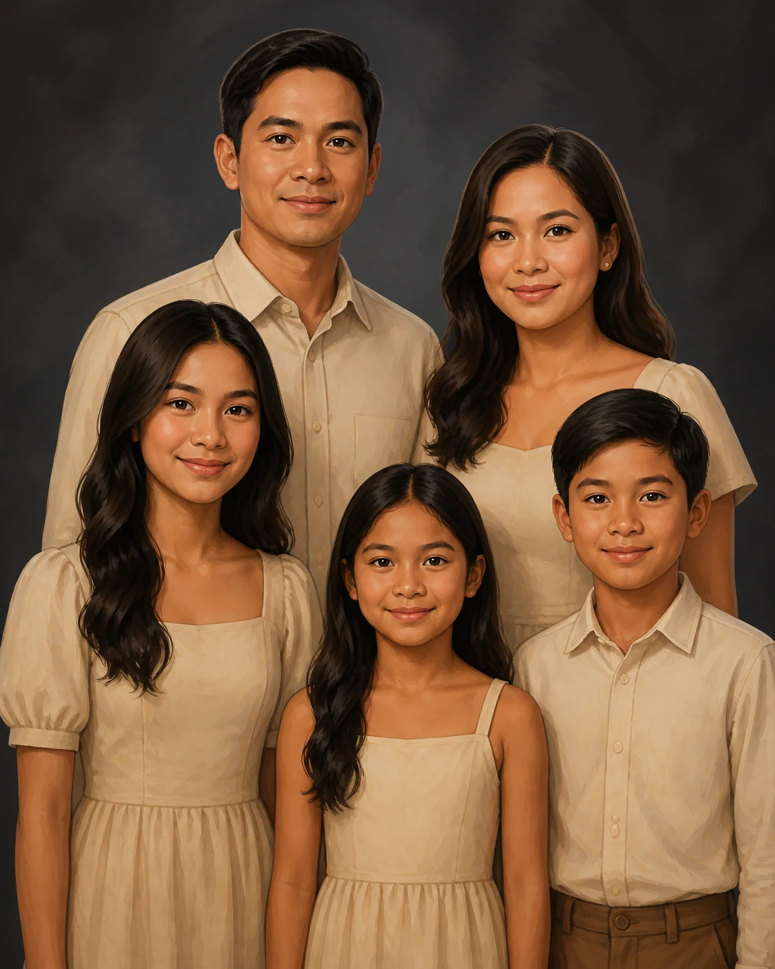 Illustrated portrait of a family of five dressed up against the charcoal studio backdrop