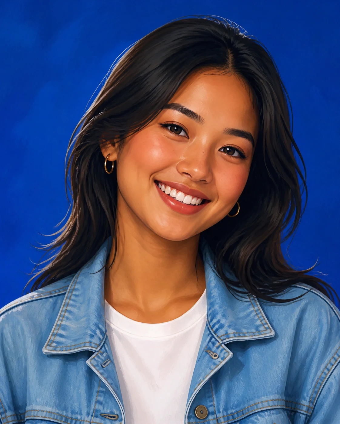 Illustrated portrait of a young woman in a denim jacket against a saturated blue backdrop
