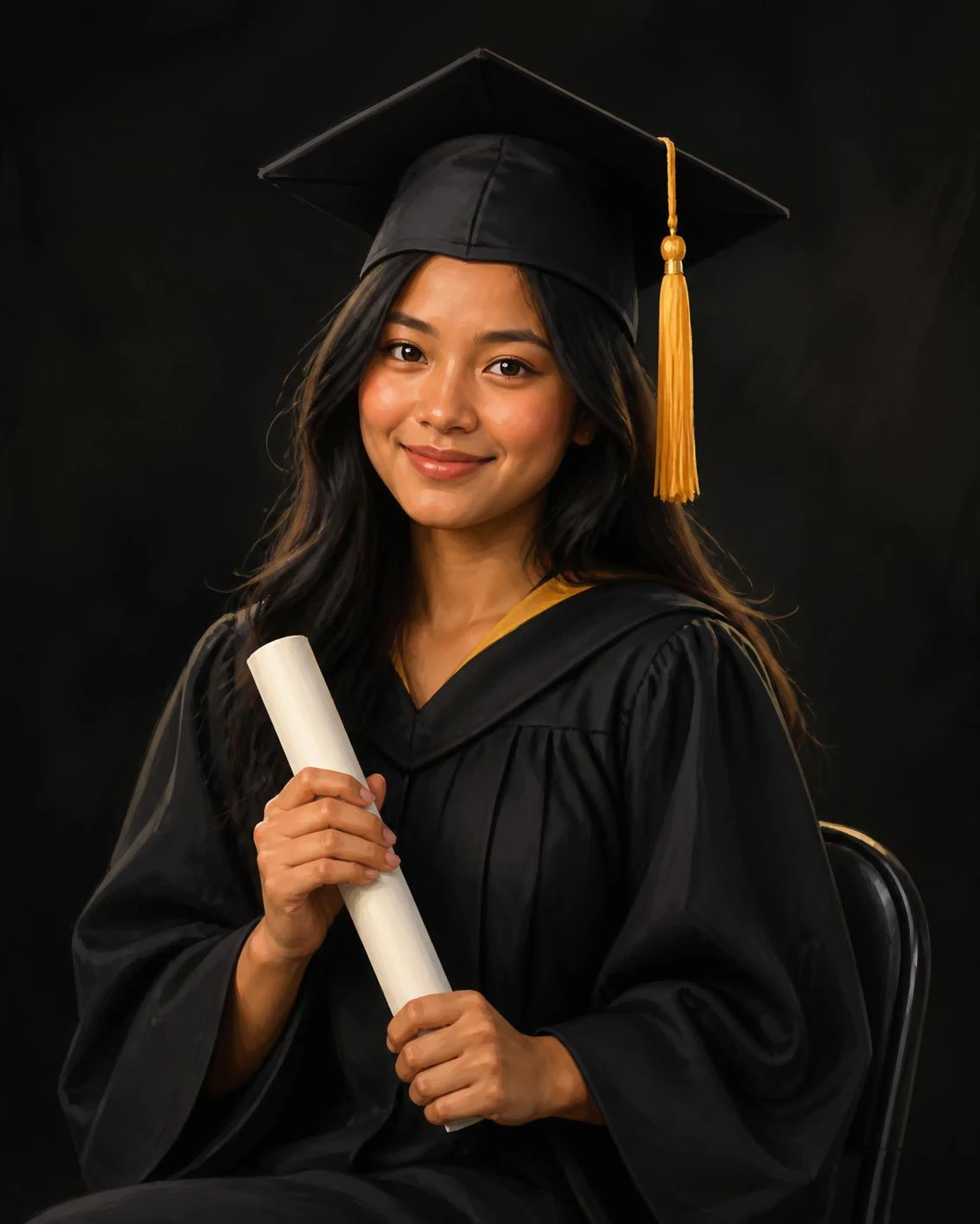 Illustrated portrait of a graduate in her mortarboard, seated against the black studio backdrop