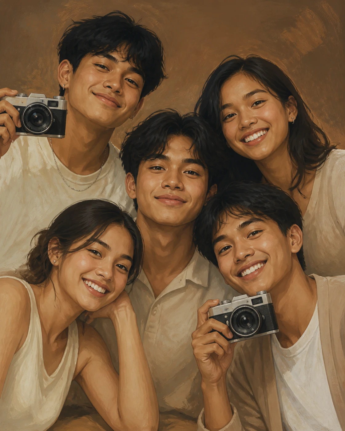Illustration of a barkada posing with cameras in hand against the brown seamless backdrop