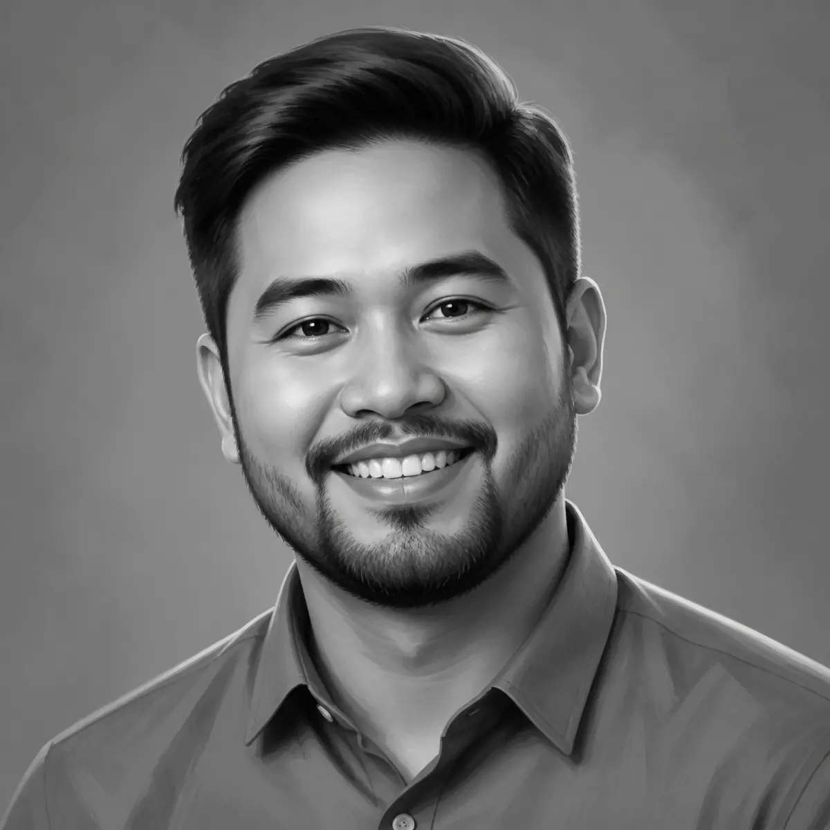 Illustrated black and white studio headshot of a bearded man smiling