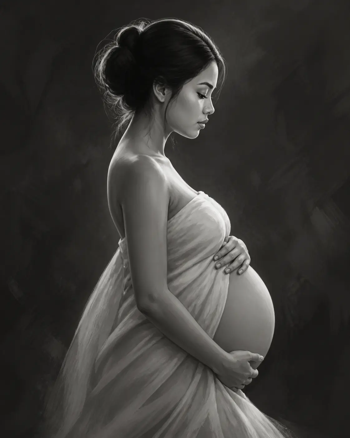 Illustrated black and white maternity portrait against the dark studio backdrop