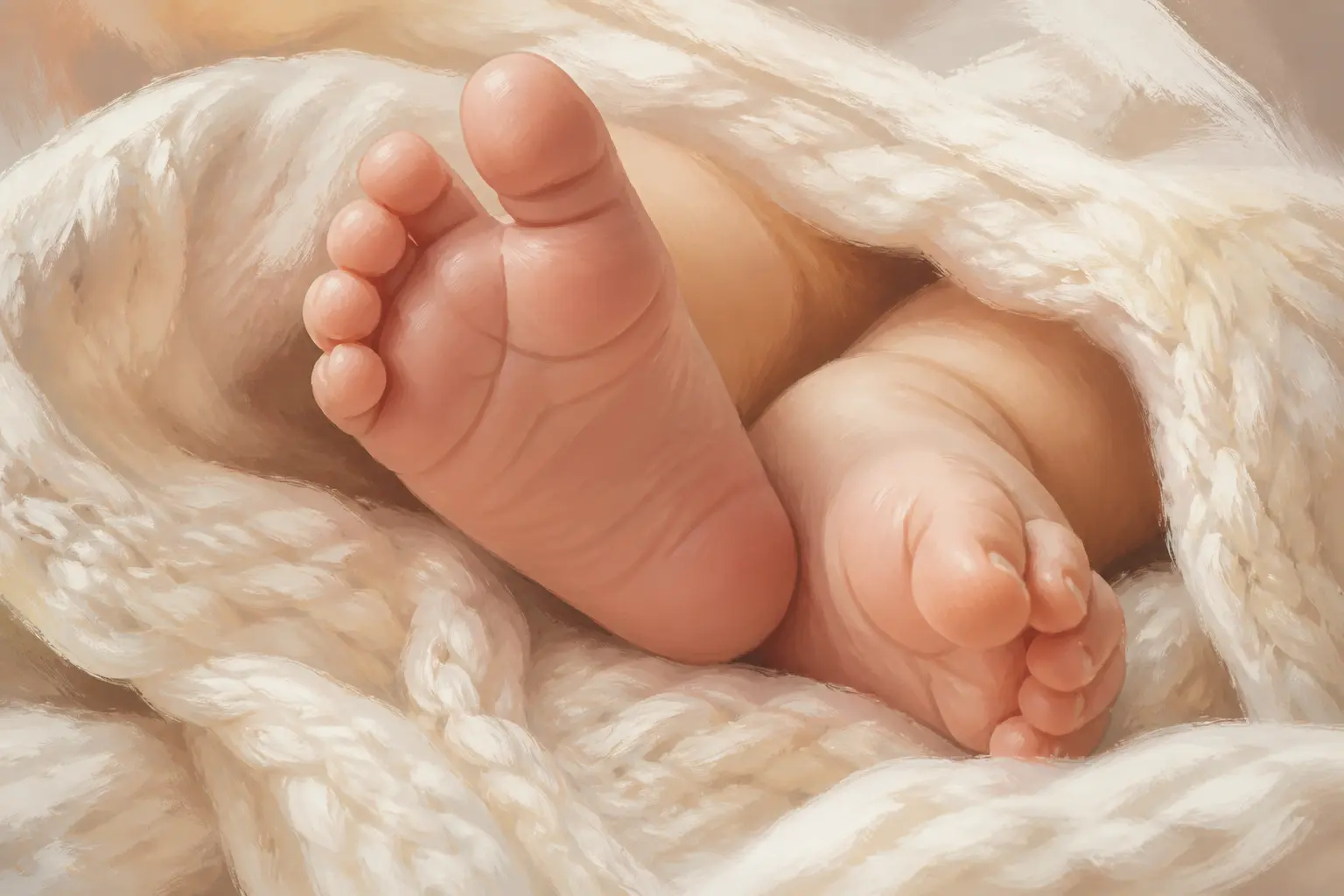 Illustration of a newborn's feet resting on a soft cream blanket