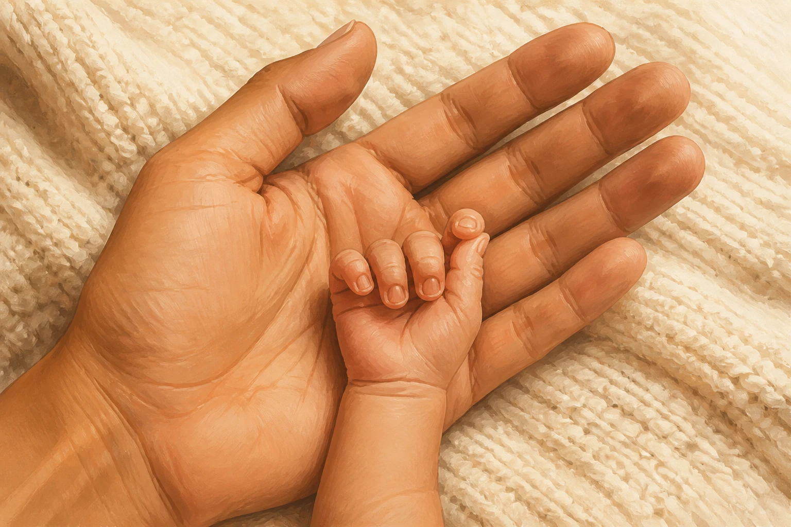 Illustration of a newborn's hand resting in an adult's open palm