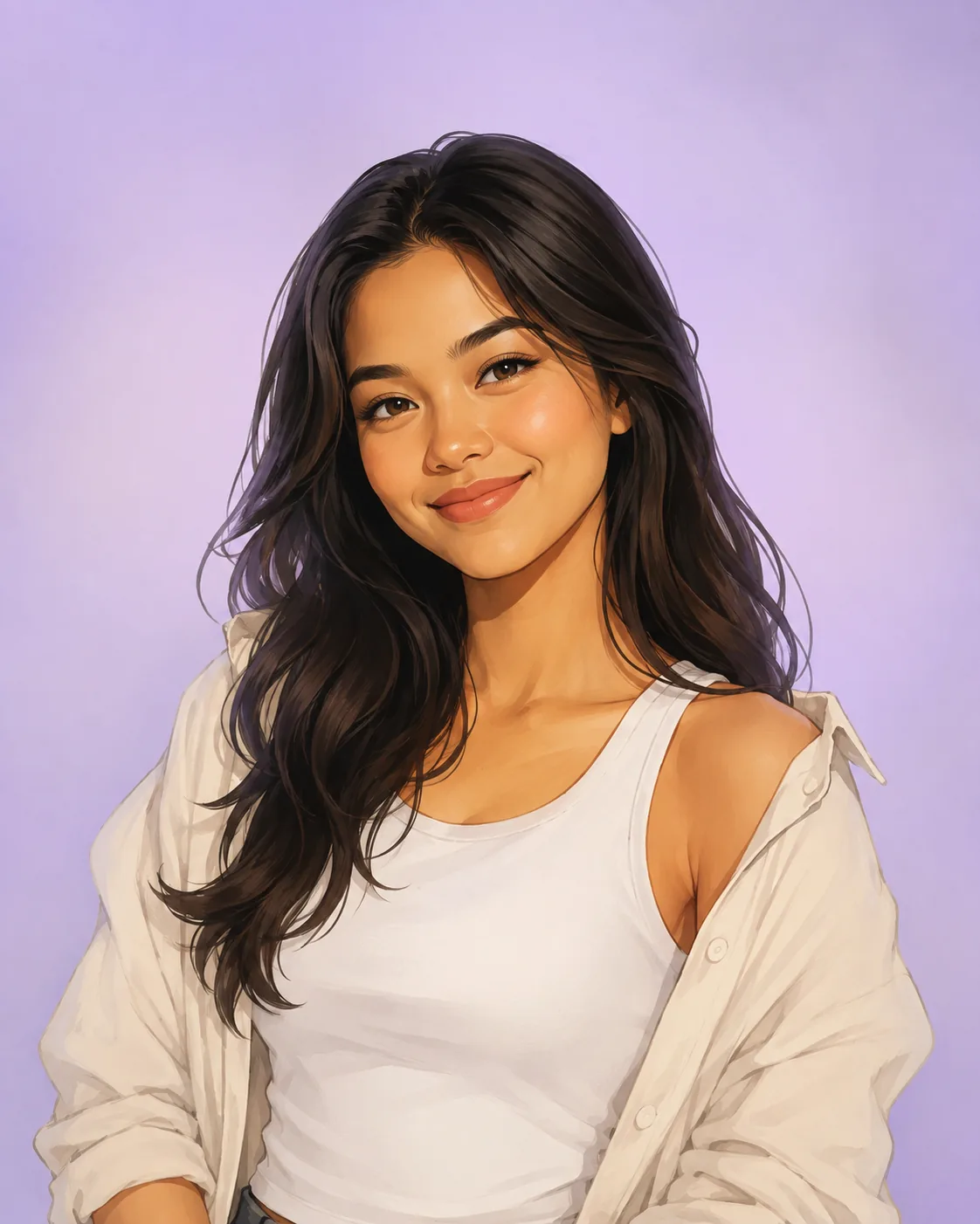 Illustrated portrait of one person smiling against a lilac backdrop