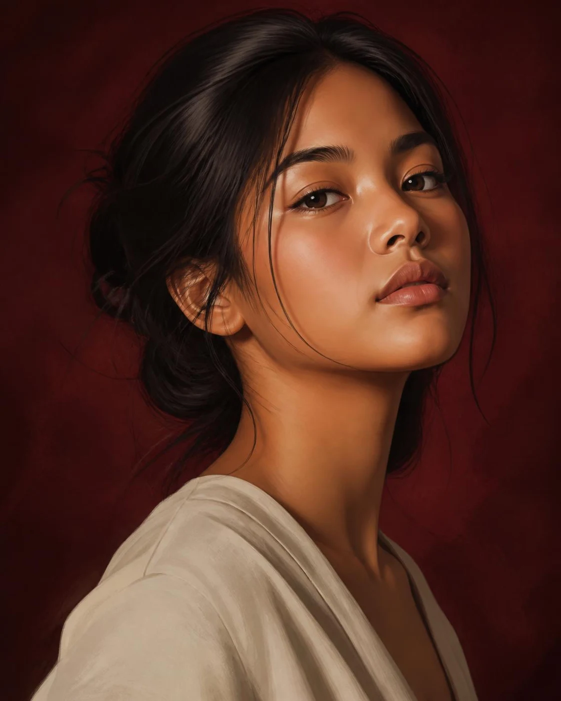 Illustrated editorial close portrait against a deep maroon backdrop