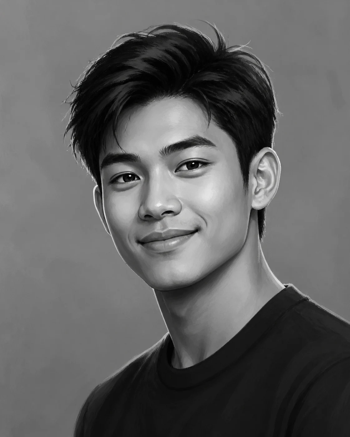 Illustrated black and white studio portrait of a man smiling against a grey backdrop