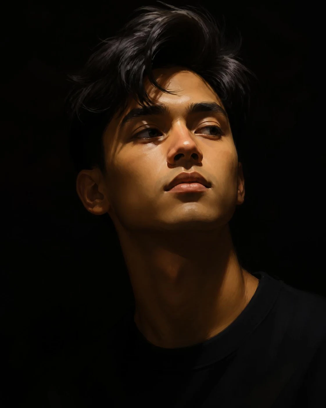 Illustrated low-key portrait of a man, one light from above against a black backdrop