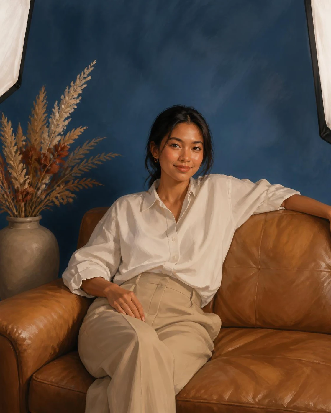Illustration of a styled set between the softboxes: blue backdrop, leather couch and dried flowers