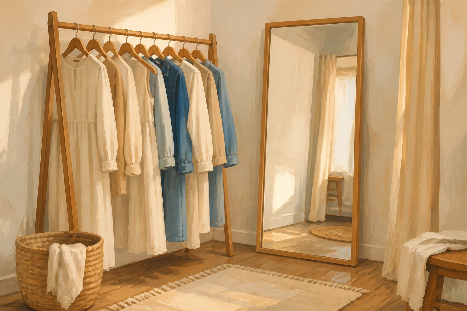 Illustration of the wardrobe rack and full-length mirror in the changing area