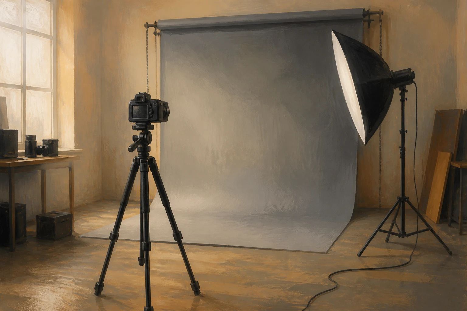 Illustration of a camera and strobe set up on the grey seamless before a session