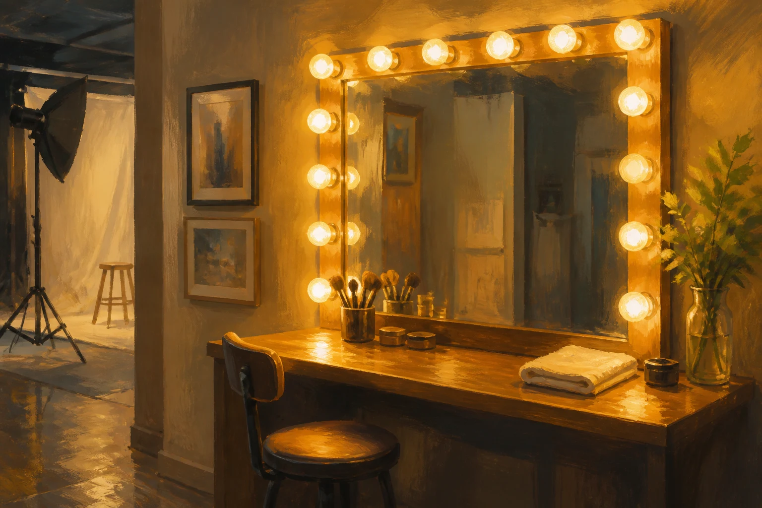 Illustration of the bulb-lit mirror at the makeup station