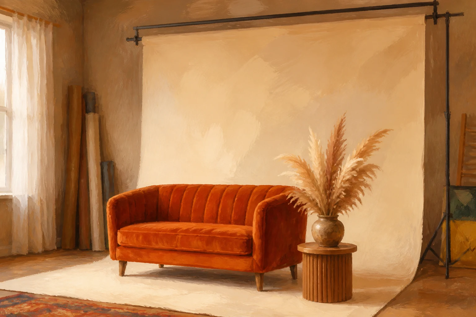 Illustration of a burnt-orange sofa used as a set piece for seated portraits