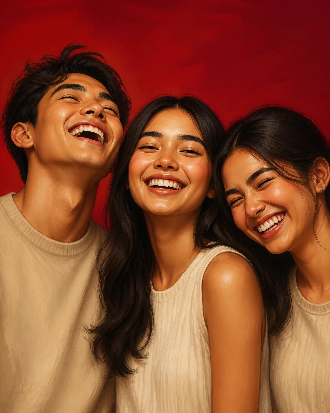 Illustration of a trio caught mid-laugh against the red seamless backdrop